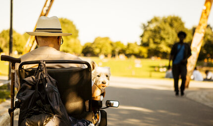 Parks & Gardens ACCESSIBLE - a men is sitting in a wheelchair with his dog
