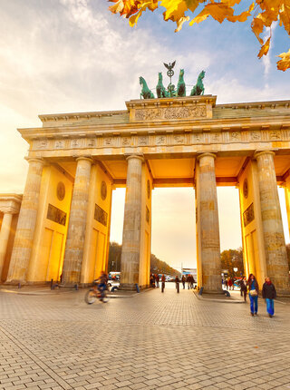 Brandenburg Gate with Quadriga in Berlin in autumnal backlight