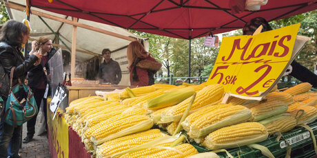 Maisverkauf auf dem Wochenmarkt am Maybachufer in Neukölln
