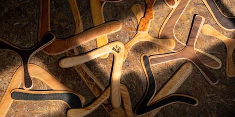 Selection of handmade Berlin boomerangs on the floor of the studio.