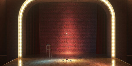 Dark empty stage with microphone. 3d render