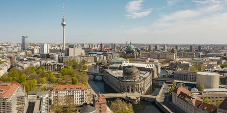 Germany, Berlin, Aerial view of Bode Museum with Fernsehturm Berlin in background