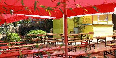 Outdoor area Schleusenkrug beer garden benches and umbrella