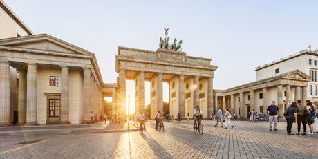 The Berlin landmark Brandenburg Gate in sunlight
