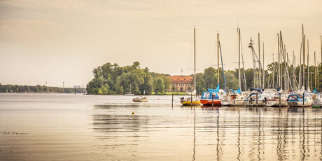 Angedockte Segelboote am Tegeler See in Berlin