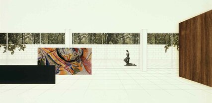 Ludwig Mies van der Rohe: Collage zur Neuen Nationalgalerie, mit Reproduktionen eines Waldes, Kniende von Wilhelm Lehmbruck (1911) und Detail aus Große Studie von Wassily Kandinsky (1914); Tusche auf Papier/Collage; 77,5 x 102,5 x 3,5 cm (mit Rahmen)