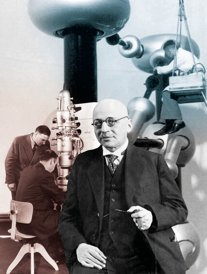 Collage: Wissenschaft in Berlin-Dahlem. Der Chemiker und Nobelpreisträger Fritz Haber (1868-1934), Ernst Ruska (1906-1988) am Elektronenmikroskop, Kaskadengenerator im Kaiser-Wilhelm-Institut für Physik, 1940er-Jahre