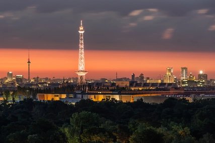 Berlin skyline at sunrise with landmarks television tower and radio tower