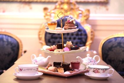 Etagere with pastries, coffee and tea