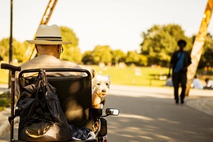 Barrierefreies Berlin: Rollstuhlfahrer im Park mit seinem Hund Rollstuhlfahrer im Park