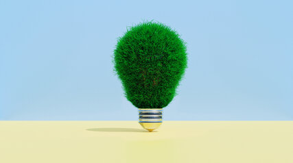 Light bulb covered in grass shows concept of thinking green