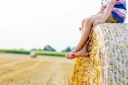 Little kid boy sitting on hay bale in summer