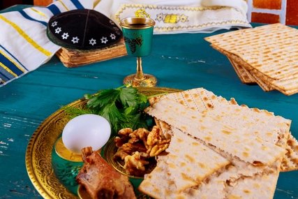 Matzo For Passover With Metal Tray And Wine On Table