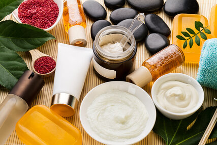 Spa Beauty Care Concept. Beautiful Various Products Spa Set for Care. Spa Products View from Above.