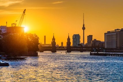 Berlin skyline with Spree river at sunset, Germany