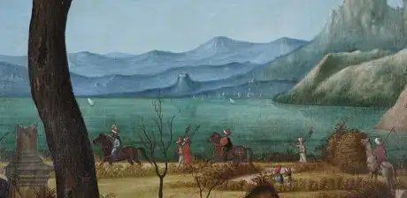 Vittore Carpaccio, Die Grabbereitung Christi, Detail vom Landschaftshintergrund nach Firnisabnahme und Retusche, Endzustand