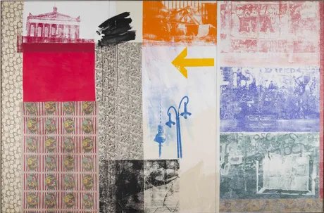 Robert Rauschenberg, German Stroll, 1990, Acryl und Druckfarbe auf Papier und Stoff auf Metall, 3-teilig, 246 x 369 x 3,8 cm