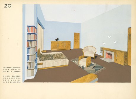Chambre à coucher chez Madame de M... à Genève (Schlafzimmer bei Madame de M... in Genf), um 1930 Architekt Pierre Chareau In: Décoration moderne dans l'intérieur, Paris um 1930