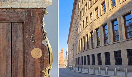 Rückseite einer französischen Kommode aus dem Bestand der Reichsbank | Der Reichsbank-Erweiterungsbau in der Kurstraße, Berlin-Mitte (Collage)