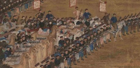 Unbekannte chinesische und europäische Hofmaler, Die Schlacht von Qurman (Fragment), Detail, Qing-Dynastie (1644 – 1911), Qianlong Ära (1736 – 1795), 1760, Hängerolle