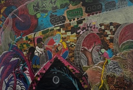 Lina Härer Zauberwald Welzheim - Bauernpep und guter Rap Pastel chalk on black paper 2,70 m x 3,90 m 2026