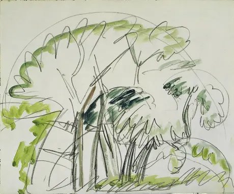 Ernst Ludwig Kirchner, Baumgruppe auf Fehmarn, 1913, Aquarell über Kreide auf Papier, Brücke-Museum