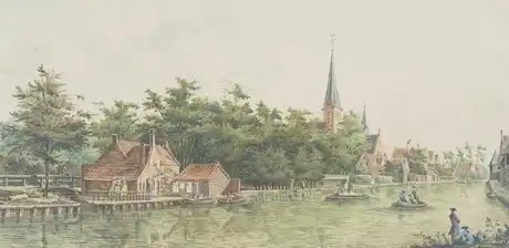 Dirck Verryck, Das Dorf Koudekerk bei Leiden, 1762, Vorzeichnung mit Graphitstift, Feder und Pinsel in Braun, Aquarell