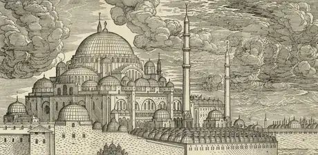 Melchior Lorck, Süleymaniye Moschee von Nordost gesehen, Detail, um 1570, Holzschnitt auf Papier Staatliche Museen zu Berlin, Kupferstichkabinett / Dietmar Katz