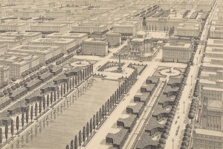 Otto Wagner, Idealentwurf des 22. Wiener Gemeindebezirks, 1911, Bleistift, Feder laviert, 60,5 × 81,7 cm