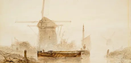 Johan Barthold Jongkind, Landschaft mit Mühle und Boot, 1845, Aquarell über Vorzeichnung mit schwarzem Stift