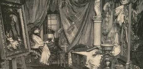 Hermione von Preuschen in ihrem Münchner Atelier, Findlingstr. 44, 1889, Druckgrafik (aus der Zeitschrift „Vom Fels zum Meer“, Oktober 1889, Spalte 235-237).