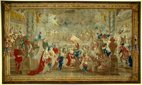 Tapisserie „Theatervorstellung mit Dolchtanz“, Brüssel um 1700. Geschenk Ludwig XIV. an Friedrich I.