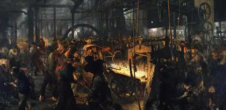 Adolph Menzel, Eisenwalzwerk (Moderne Cyklopen), 1872–1875, Öl auf Leinwand