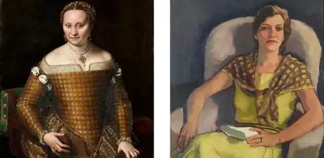 Sofonisba Anguissola, Bianca Ponzoni Anguissola, Detail, 1557 | Eugen Spiro, Die Gattin des Künstlers, Detail, 1929