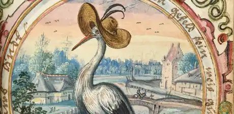 Allegorie: Storch mit Strohhut (vorläufiger Titel), Detail, Stammbuch des Michael Löchel von Nürnberg, 1587 – 1616