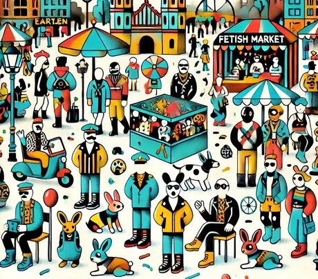 Illustration eines Fetischmarktes in Berlin zu Ostern mit lebhaften Ständen