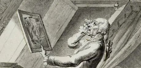Daniel Chodowiecki, Der Kunstrichter, Detail, aus: Zeichnungen für den Physiognomischen Almanach, 1791/92, Pinsel und Feder in Grau, Schwarz und Braun