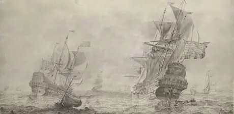 Olfert de Vrij, Dreimaster auf leicht bewegter See, Detail, 1665, nach der Restaurierung