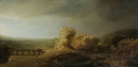 Rembrandt Harmensz van Rijn, Landschaft mit Bogenbrücke, Detail