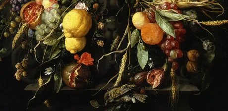Jan Davidsz de Heem, Früchte- und Blumenkartusche mit Weinglas (Detail), 1651