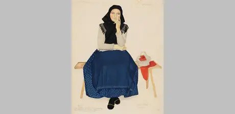 Erna Piffl (1904–1987), Strickende Donauschwäbin von der Kékespuszta bei Harta/Hartau (Ungarn), Aquarell