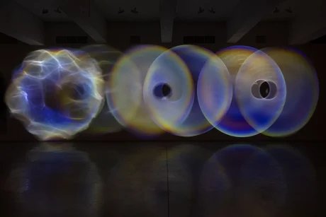 Olafur Eliasson, Your psychoacoustic light ensemble, 2024 Spotlight, glass lens, mirror foil, tripod, transducer, embedded computer system Installation view: Your psychoacoustic light ensemble, Tanya Bonakdar Gallery, New York, 2024