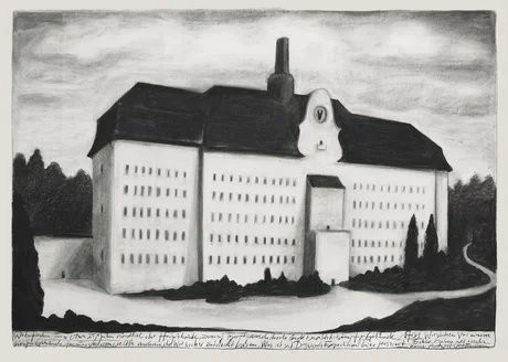Herbert Nauderer, Das Haus des Erfinders, 2021, Kohle auf Papier 