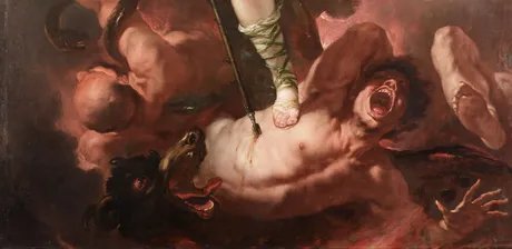 Luca Giordano, Der heilige Michael (Detail), um 1663, Eigentum des Kaiser Friedrich Museumsvereins