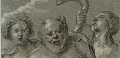 Jacob Jordaens, Flora, Silenus und Zephyr (Detail), 1639, schwarze Kreide, Pinsel in Braun, Rötel, mit Deckweiß gehöht, auf grünlichem Papier
