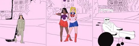 Comic-Panel mit drei Bildern, das einen Mann, zwei Frauen und einen mumienartigen Mann in einem Rollstuhl zeigt