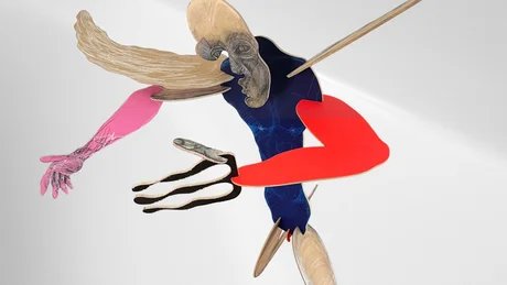 Raimund Schucht: Falling Angel oder dumme Männer mit Gottkomplex #1, Skulptur aus Holz, Graphit, Lackstift und Acryl, 2025