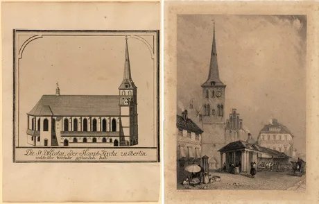 Historische Abbildungen der Berliner Nikolaikirche: links „Die St. Nicolai oder Haupt-Kirche zu Berlin welche über 400 Jahr gestanden hat“, Radierung von Johann Friedrich Walther, um 1738; rechts „Church of St. Nicholas in Berlin“, Stahlstich von ...