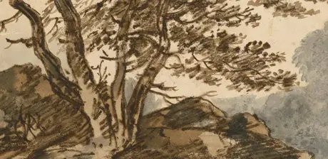 Thomas Gainsborough, Landschaft mit Baumgruppe, Detail, 24,7 x 20 cm, Schwarze Kreide, Pinsel in Grau, Braun und Weiß, Detail