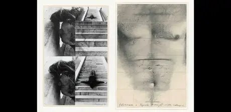 László Lakner, Ich nehme die Form der Treppe an, 1971, zweiteilig, Kohle auf Papier und Schwarz-Weiß-Fotografie